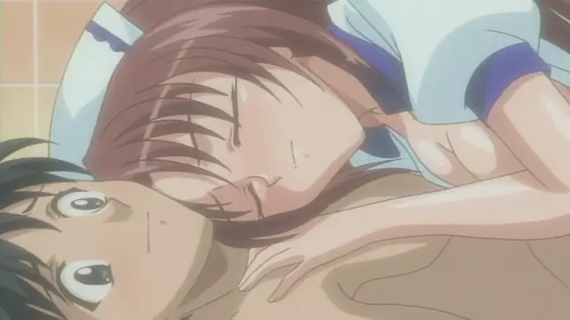 A close-up anime shot shows a girl with brown hair lying on top of a surprised boy, her face pressed against his chest as she sleeps or rests her head on him. Screenshot from Anejiru The Animation - Episode 2
