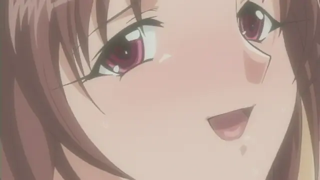 A close-up of an anime girl with long brown hair and red eyes looking upwards with a blushing face and an open mouth as if gasping for air. Screenshot from Anejiru The Animation - Episode 2