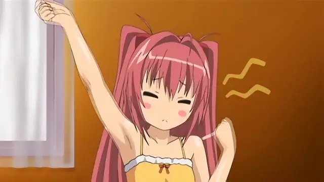 A pink-haired anime girl with blushing cheeks and closed eyes stretches her arms upward while wearing a yellow camisole. Screenshot from Anejiru 2 The Animation - Episode 1