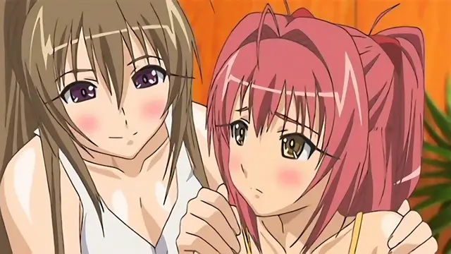 Two anime girls with blushing faces and large eyes stand close together, with the one on the left holding the other's shoulders while both are dressed in revealing clothing. Screenshot from Anejiru 2 The Animation - Episode 1
