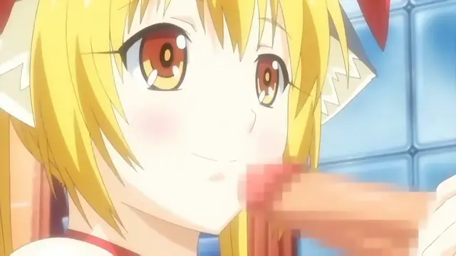 A close-up shot shows a blonde cat-girl with red eyes blushing while someone performs oral sex on her. Screenshot from Anejiru 2 The Animation - Episode 2