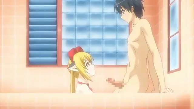 A nude young man with black hair stands in a bathroom facing a small, blonde anime girl with red hair ribbons who is sitting in a bathtub. Screenshot from Anejiru 2 The Animation - Episode 2