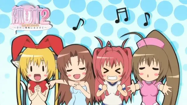 Four anime girls with various hair colors and outfits stand together in a playful pose against a blue polka-dot background with music notes, featuring the title "THE ALKMONI" in the upper left corner. Screenshot from Anejiru 2 The Animation - Episode 2