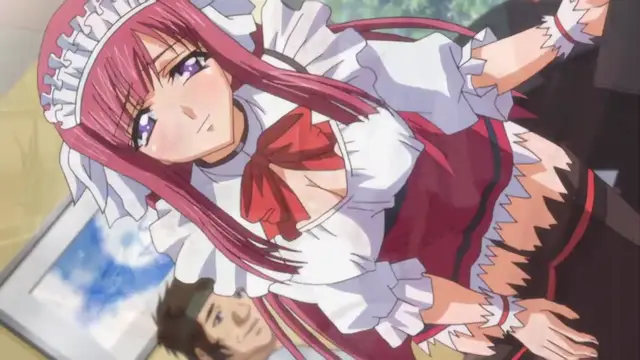 A long-haired anime girl in a maid outfit with a red bow and frilled white apron lies on her back on a table, looking down at a man lying beneath her. Screenshot from Ryoujoku Famiresu Choukyou Menu - Episode 1