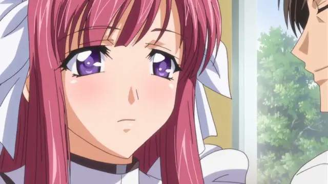 A close-up shot shows a blushing anime girl with pink hair and purple eyes looking tearfully at a man off-screen. Screenshot from Ryoujoku Famiresu Choukyou Menu - Episode 1
