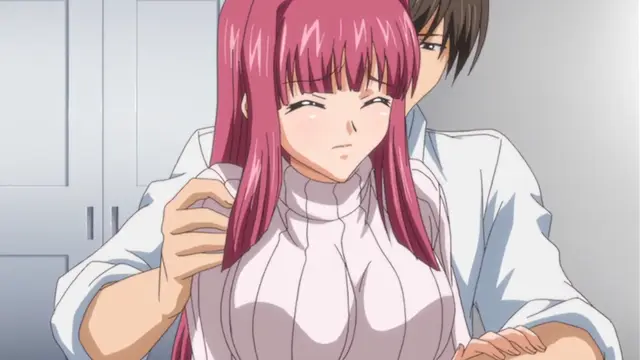 A pink-haired girl with a blushing face and closed eyes is being hugged from behind by a brown-haired man in a white shirt. Screenshot from Ryoujoku Famiresu Choukyou Menu - Episode 1