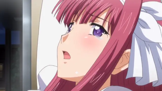 A blushing anime girl with pink hair and a white ribbon tied in her hair looks upwards with a tearful, shocked expression. Screenshot from Ryoujoku Famiresu Choukyou Menu - Episode 1