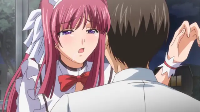 A blushing anime girl with pink hair and a maid outfit looks surprised as a male character in a white shirt stands closely in front of her. Screenshot from Ryoujoku Famiresu Choukyou Menu - Episode 1