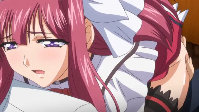 A pink-haired anime girl in a white frilly dress looks overwhelmed as she is being penetrated from behind by a man with dark hair. Screenshot from Ryoujoku Famiresu Choukyou Menu - Episode 2