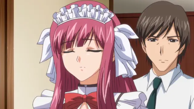 A close-up shot shows a pink-haired girl in a maid outfit with her eyes closed and a blushing expression standing next to a brown-haired man in a white shirt and green tie. Screenshot from Ryoujoku Famiresu Choukyou Menu - Episode 2