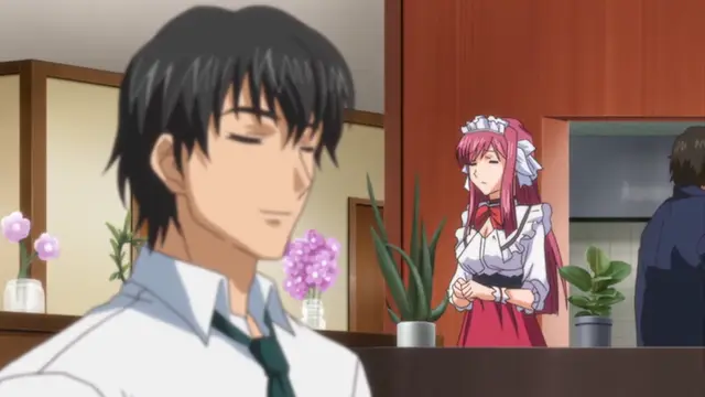 A high school boy with dark hair and a school uniform looks forward with a smirk while a maid in a red and white dress stands behind a counter with a blushing expression. Screenshot from Ryoujoku Famiresu Choukyou Menu - Episode 2