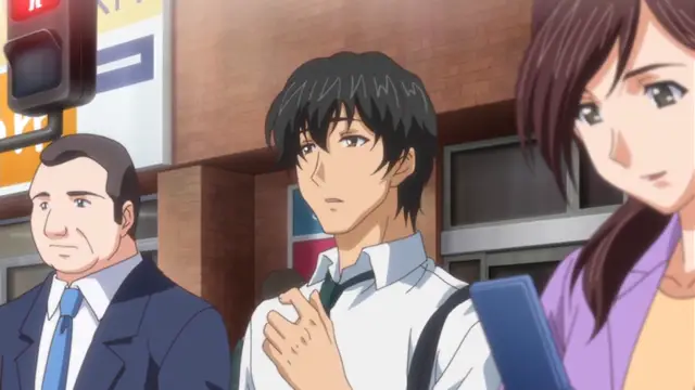 A young man with dark hair and a white school shirt stands between a man in a suit and a woman in a purple sweater in an urban street setting. Screenshot from Ryoujoku Famiresu Choukyou Menu - Episode 2