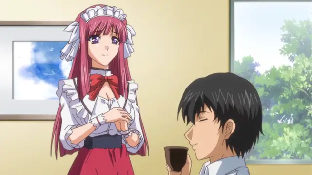 A girl with long pink hair wearing a maid outfit stands next to a man with black hair who is drinking from a mug, while she holds a small bread roll. Screenshot from Ryoujoku Famiresu Choukyou Menu - Episode 2