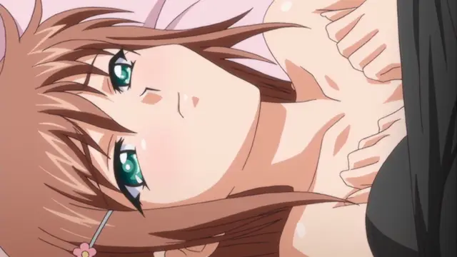 A close-up shot shows a female anime character with brown hair and green eyes lying on her back with a blushing expression while a male character's face is partially visible in the foreground to the right. Screenshot from Ryoujoku Famiresu Choukyou Menu - Episode 2