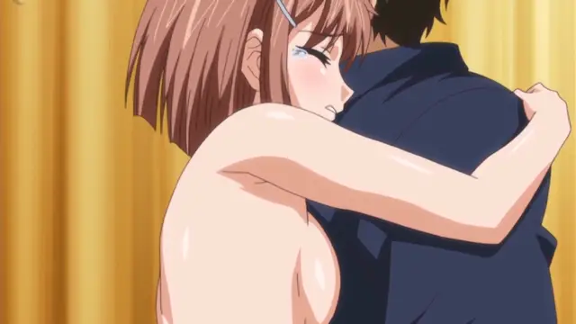 A shirtless girl with light brown hair and a blue hairclip clings to a man in a navy blue shirt, her face pressed against his shoulder in an intimate embrace. Screenshot from Ryoujoku Famiresu Choukyou Menu - Episode 2
