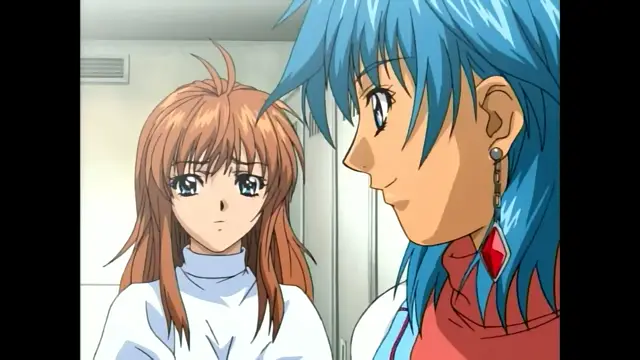 A blue-haired male anime character with a smirk leans in close to a brown-haired female anime character with a surprised expression in a brightly lit room. Screenshot from Slave Nurses - Episode 1