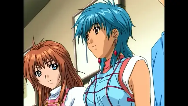 Two anime girls, one with long brown hair and the other with short blue hair, stand side by side looking off to the side in a room. Screenshot from Slave Nurses - Episode 1
