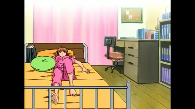 A girl with short brown hair wearing a pink robe sits on a bed in a dormitory room, looking distressed as she holds a green pillow. Screenshot from Slave Nurses - Episode 1