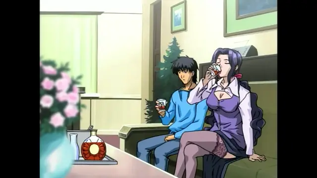 A man and a woman sit on a couch in a living room, drinking from white mugs and looking towards each other, with the woman wearing a purple outfit that reveals her large breasts. Screenshot from Slave Nurses - Episode 1