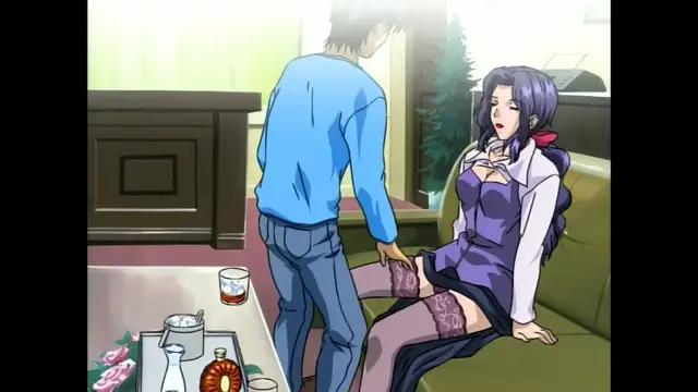 A young man in a blue shirt and jeans stands before a woman with purple hair sitting on a sofa, her skirt pulled up to reveal her lace underwear as she looks up at him. Screenshot from Slave Nurses - Episode 1