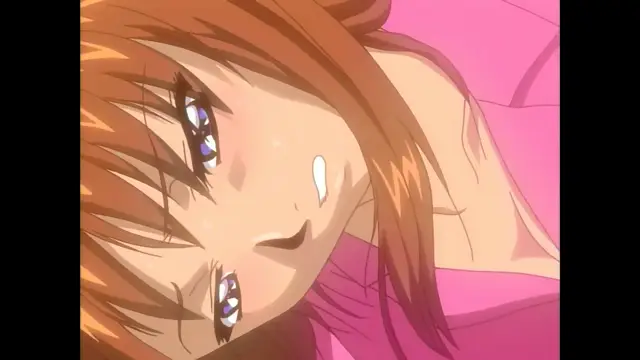 A close-up shot shows a girl with orange hair and wide blue eyes, blushing and sweating while wearing a pink outfit. Screenshot from Slave Nurses - Episode 1