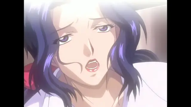 A close-up of a purple-haired woman with a dazed expression looking towards the camera. Screenshot from Slave Nurses - Episode 1
