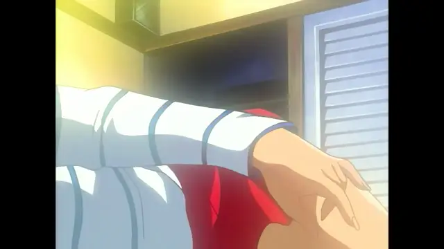 A close-up shot shows a female character in a white and blue striped shirt leaning over a red-clothed figure, with her hand placed on their shoulder. Screenshot from Slave Nurses - Episode 1