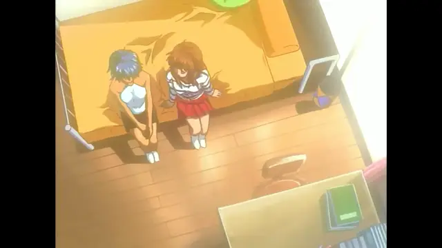 An anime girl with brown hair and a red skirt stands next to a shirtless boy with blue hair on a large yellow bed in a room with a desk. Screenshot from Slave Nurses - Episode 1