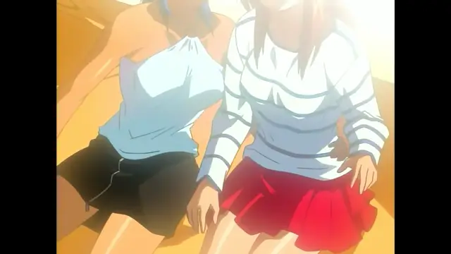 Two girls, one in a white off-the-shoulder top and black shorts and the other in a white long-sleeved shirt and red pleated skirt, are shown standing next to each other in a brightly lit room. Screenshot from Slave Nurses - Episode 1