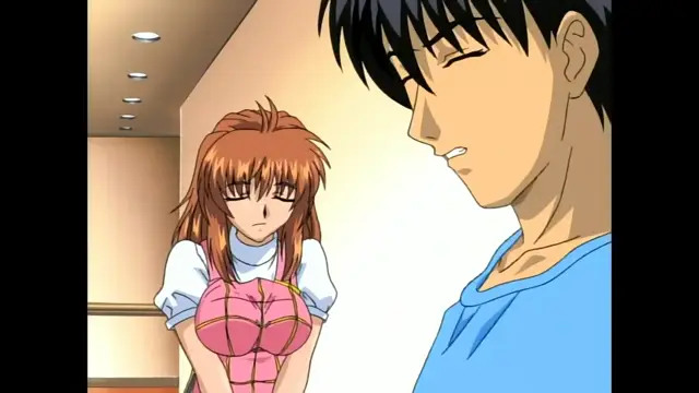 A brown-haired anime girl in a white top and pink ruffled dress looks downcast while standing next to a black-haired man in a blue shirt. Screenshot from Slave Nurses - Episode 2