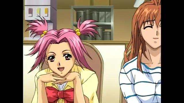 A girl with pink pigtails and a red bow sits at a table with a smiling woman in a striped shirt. Screenshot from Slave Nurses - Episode 2