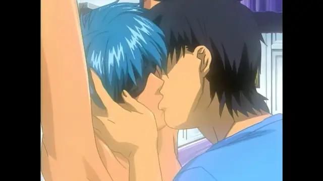 A boy with black hair leans in to kiss a girl with blue hair who is being held against a wall. Screenshot from Slave Nurses - Episode 2