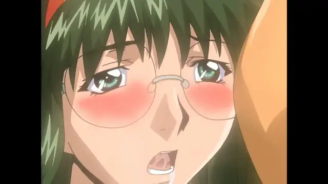 A close-up shot of an anime girl with green hair, glasses, and blushing cheeks looking surprised and drooling while a large, orange object is pressed against her face. Screenshot from Slave Nurses - Episode 2