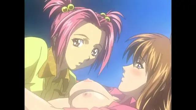 A pink-haired girl looks down at a brown-haired girl who is lying on her back with her shirt open, exposing her breasts. Screenshot from Slave Nurses - Episode 2