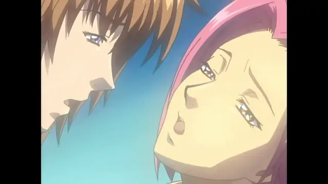 A close-up shot of a brown-haired man and a pink-haired woman looking intensely at each other with heavy-lidded, lustful eyes in an anime scene. Screenshot from Slave Nurses - Episode 2