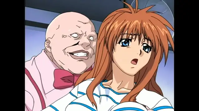 A wide-eyed, long-haired anime girl in a blue and white striped outfit looks shocked as a large, bald man with a creepy grin and a pink bow tie looms behind her. Screenshot from Slave Nurses - Episode 3