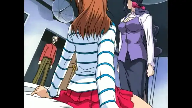 A young woman with long brown hair and a striped shirt sits on a bed, facing a dark-skinned woman in a purple vest, while a pale man in a red shirt watches from a doorway in the background. Screenshot from Slave Nurses - Episode 3