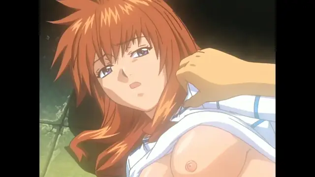 A female anime character with long orange hair and large blue eyes looks dazed with a slight blush on her cheeks as a man's hand reaches around to touch her neck while she wears an open white shirt. Screenshot from Slave Nurses - Episode 3