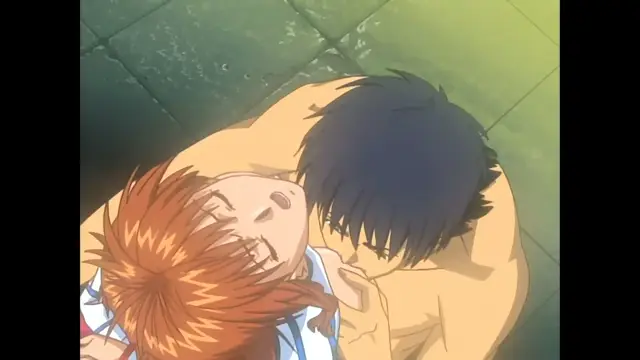 A shirtless male character with black hair leans over a female character with orange hair, who is lying on a tiled floor and wearing a blue and white school uniform. Screenshot from Slave Nurses - Episode 3