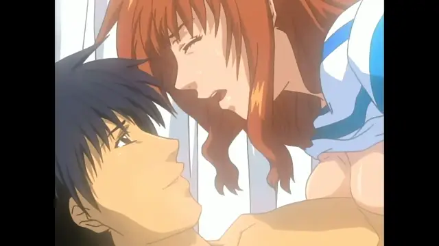 A close-up shot features a woman with long brown hair leaning over a man with black hair who is lying down, showing an intimate and sexually suggestive moment. Screenshot from Slave Nurses - Episode 3