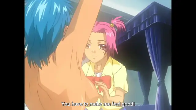 A muscular man with blue hair and a pink-haired girl in a yellow school uniform with a red bow stand in a room with blue curtains, while the girl looks at him and says, "You have to make me feel good!". Screenshot from Slave Nurses - Episode 3