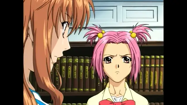 A brown-haired girl leans in close to a pink-haired girl with twin tails in a library, looking at her with a serious expression. Screenshot from Slave Nurses - Episode 3
