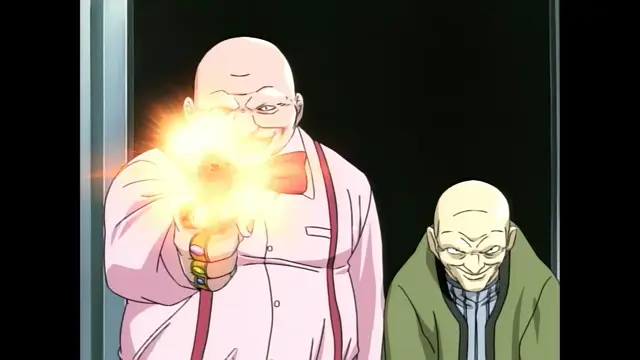 A bald man in a pinkish-white tracksuit holds a gun that is firing a muzzle flash toward the camera while another bald man stands behind him in a green jacket. Screenshot from Slave Nurses - Episode 3