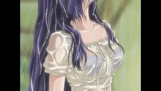A wet, long-haired anime girl in a soaked white off-the-shoulder top stands in the rain. Screenshot from Moonlight Lady - Episode 1