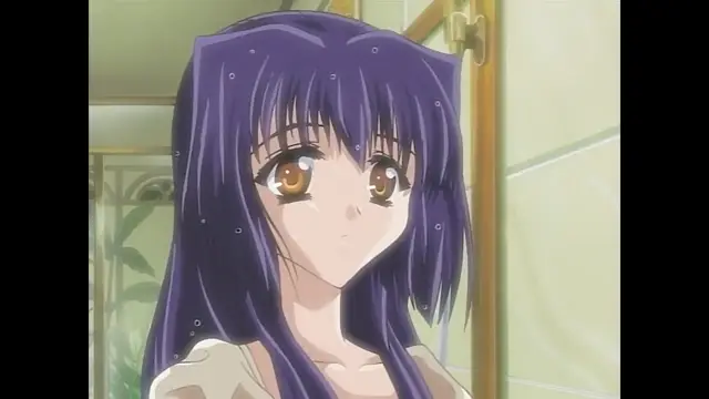A close-up shot of a purple-haired anime girl with large brown eyes looking forward while standing in a bathroom with water droplets on her hair and clothes. Screenshot from Moonlight Lady - Episode 1