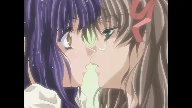 Two girls with long hair are shown in a close-up shot as they lean in towards each other to share a kiss. Screenshot from Moonlight Lady - Episode 1
