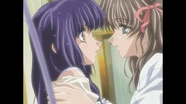 A close-up shot of two anime girls with purple and light brown hair facing each other with wide eyes and blushing faces, while a hand rests on the purple-haired girl's shoulder. Screenshot from Moonlight Lady - Episode 1