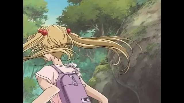 A young girl with long blonde pigtails and red hair ties walks through a forest towards a rocky cliff side. Screenshot from Moonlight Lady - Episode 1