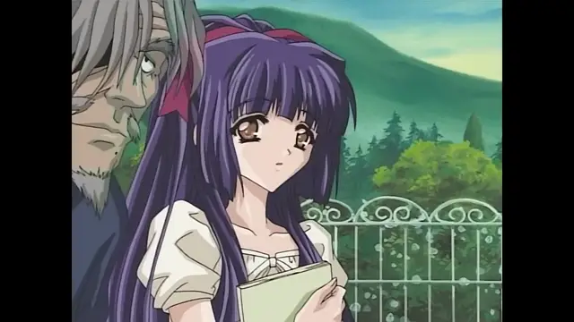 A shocked-looking girl with long purple hair and a large red ribbon in her hair stands holding a piece of paper while a grey-haired man looms behind her, with a garden and mountains visible in the background. Screenshot from Moonlight Lady - Episode 1