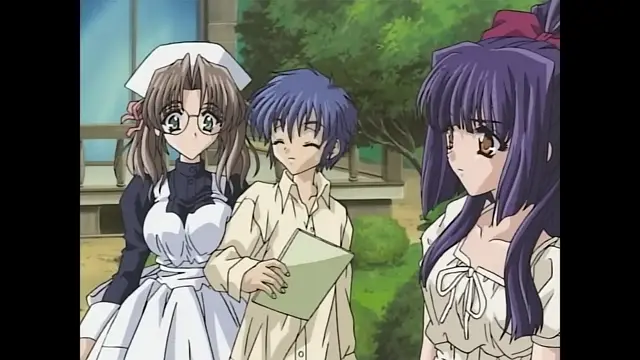 A brown-haired girl in a maid outfit and a purple-haired girl stand on either side of a blushing blue-haired boy who is holding a paper. Screenshot from Moonlight Lady - Episode 1
